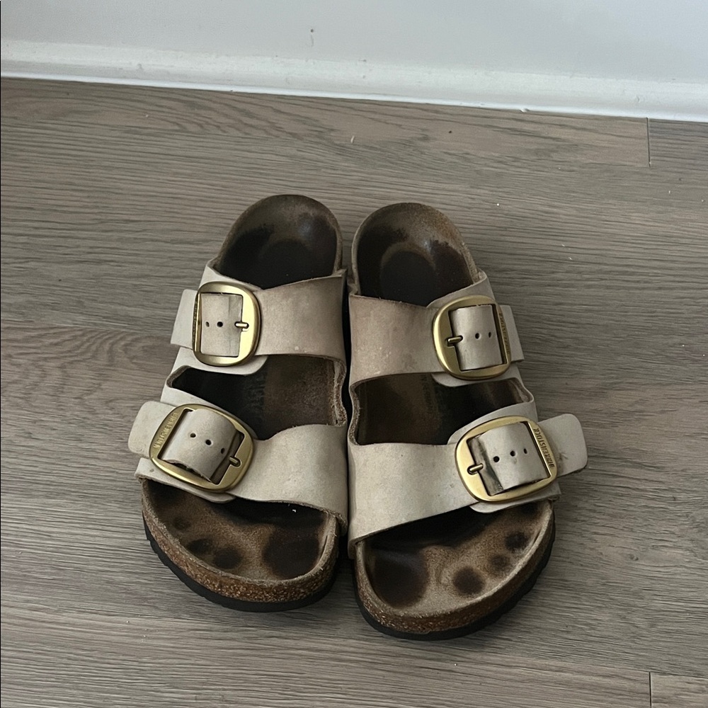 Beige Double Strap Sandals with Gold Buckles Arizona Birkenstocks